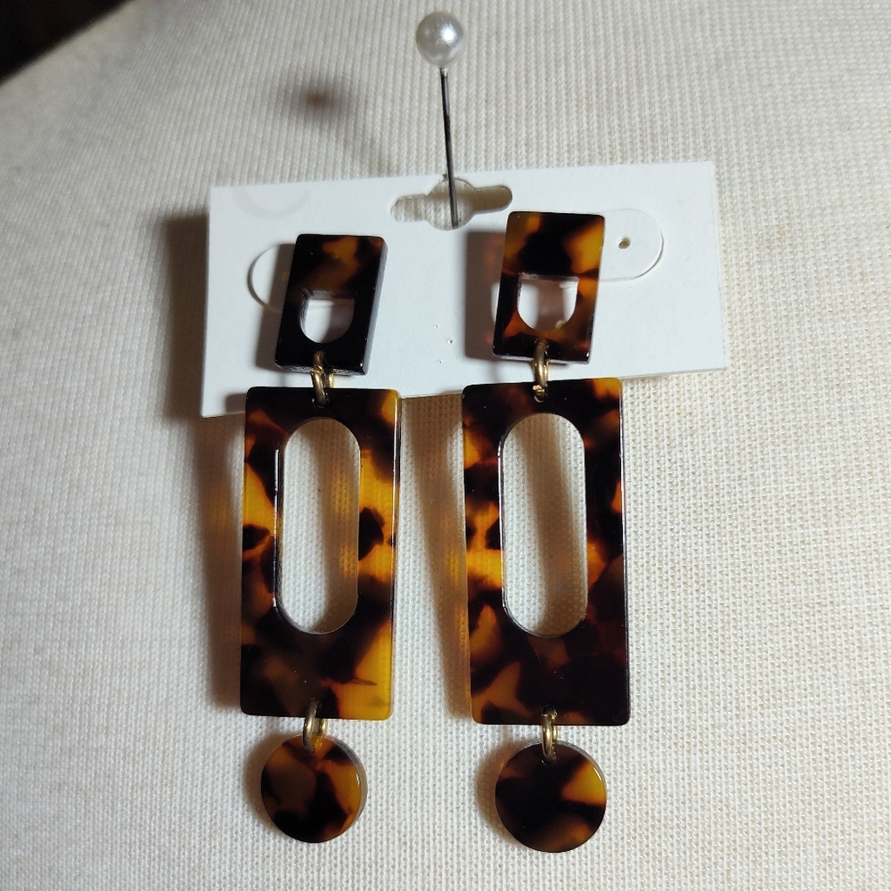 Tortoise Shell Geometric Dangle Earrings Nwot - image 1